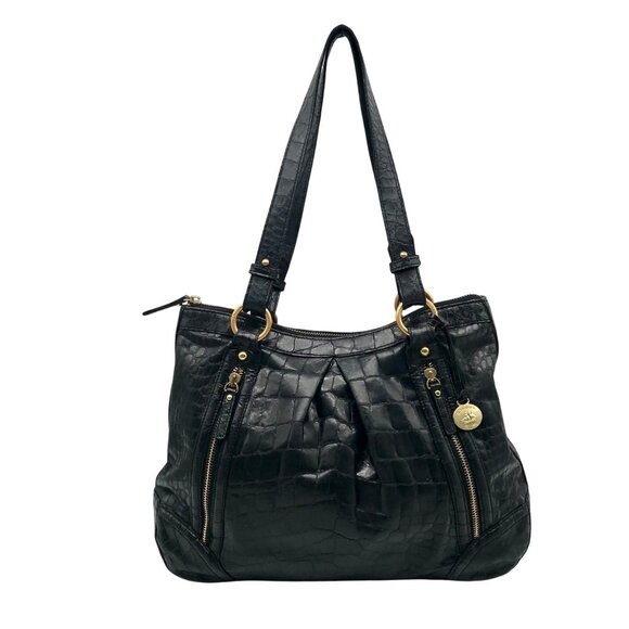 Brahmin Black Selma Croc Embossed Leather Shoulder Bag - Picture 1 of 11